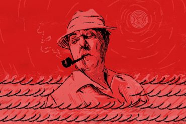 An illustration, done entirely in red, of Jacques Tati as the titular role in MONSIEUR HULOT'S HOLIDAY. Tati wears a hat tipped on his head, smokes a pipe, and looks down to his right.