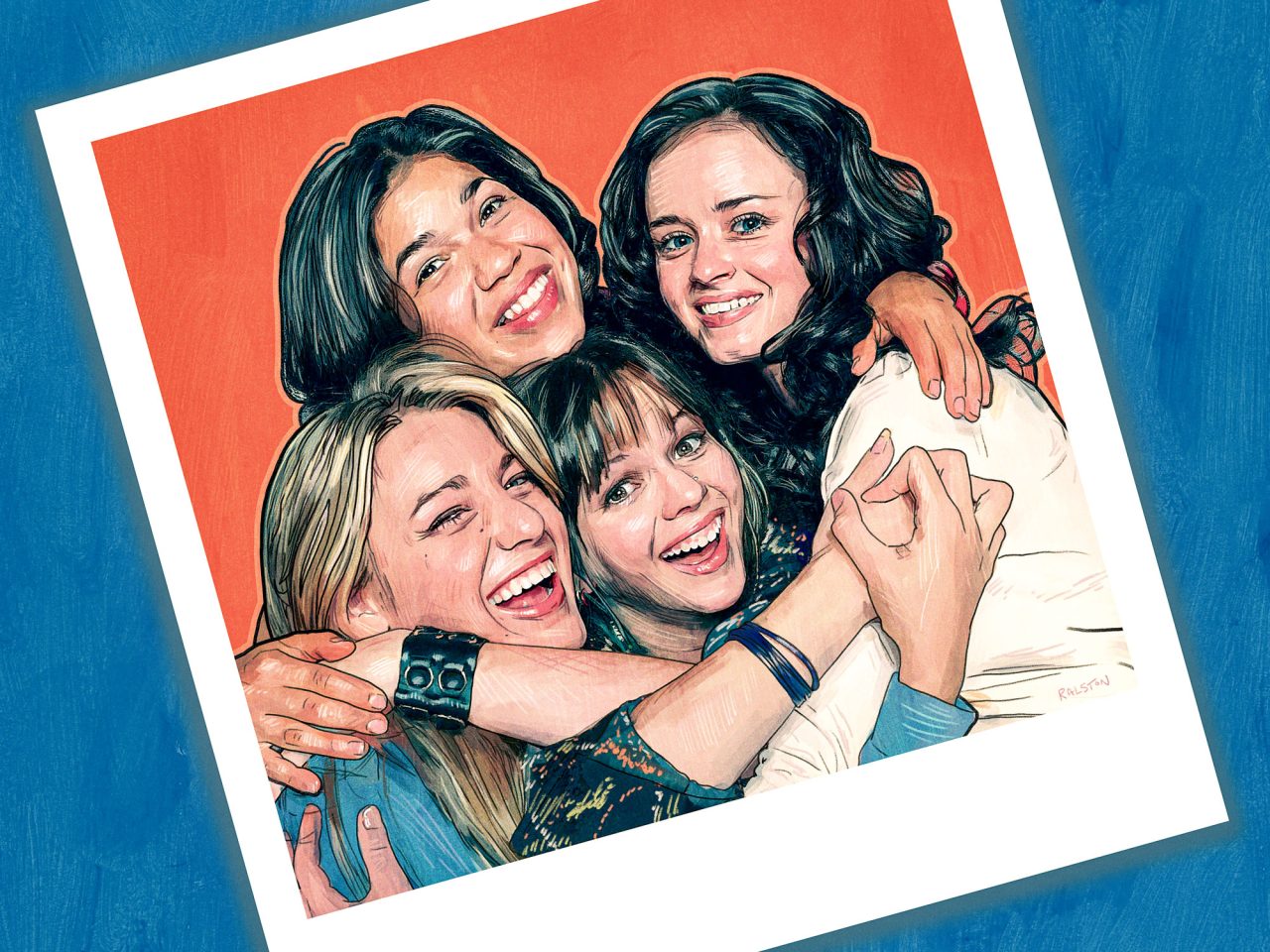 The four characters from The Sisterhood of the Traveling Pants—white teenage girls—hug and laugh in a polaroid photo on a blue background.