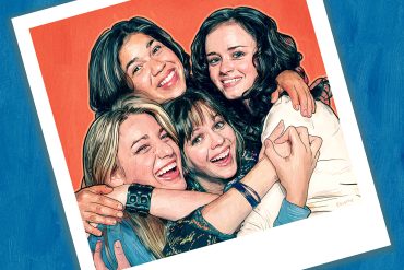 The four characters from The Sisterhood of the Traveling Pants—white teenage girls—hug and laugh in a polaroid photo on a blue background.