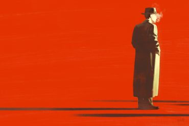 An illustration of Cillian Murphy's Oppenheimer against a red background.