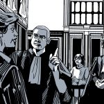 A black and white illustration of a scene in the courtroom from the film Anatomy of a Fall