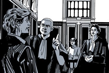 A black and white illustration of a scene in the courtroom from the film Anatomy of a Fall