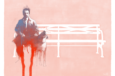 Edward Norton sits on a bench with his snarling dog in an illustration of a scene from Spike Lee's 25th Hour by artist Marc Aspinall